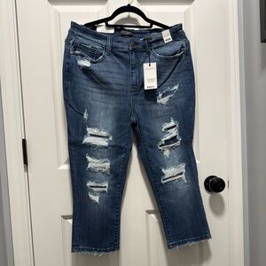 Judy Blue Distressed Ankle Jeans - Dark Blue